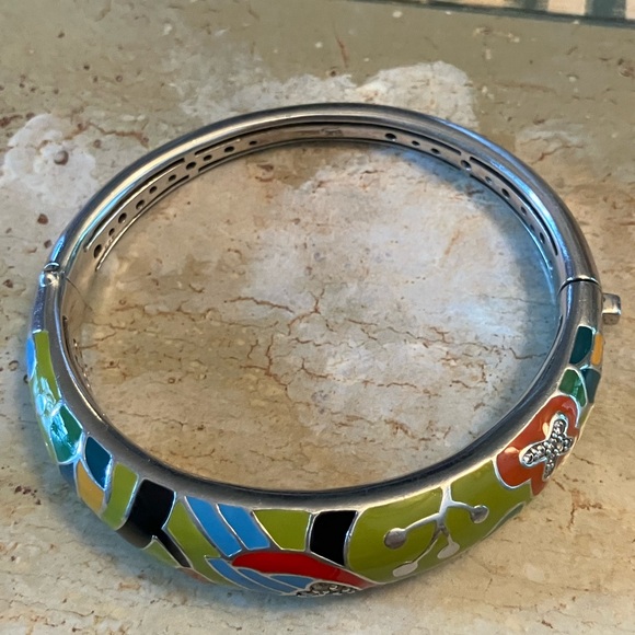 Belle Etoile Perroquet Parrot Sterling Silver Enamel Hinged Bangle Bracelet - Picture 10 of 11